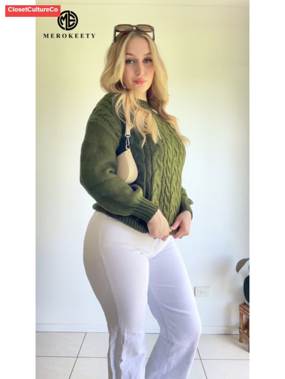 Womens Cable Knit Sweater Long Lantern Sleeve Crewneck Chunky Pullover - Picture 5 of 6